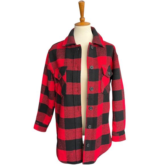 NWOT RDI Wool Blend Red & Black Buffalo Check Plaid Oversized Shacket Size XS - Picture 1 of 10